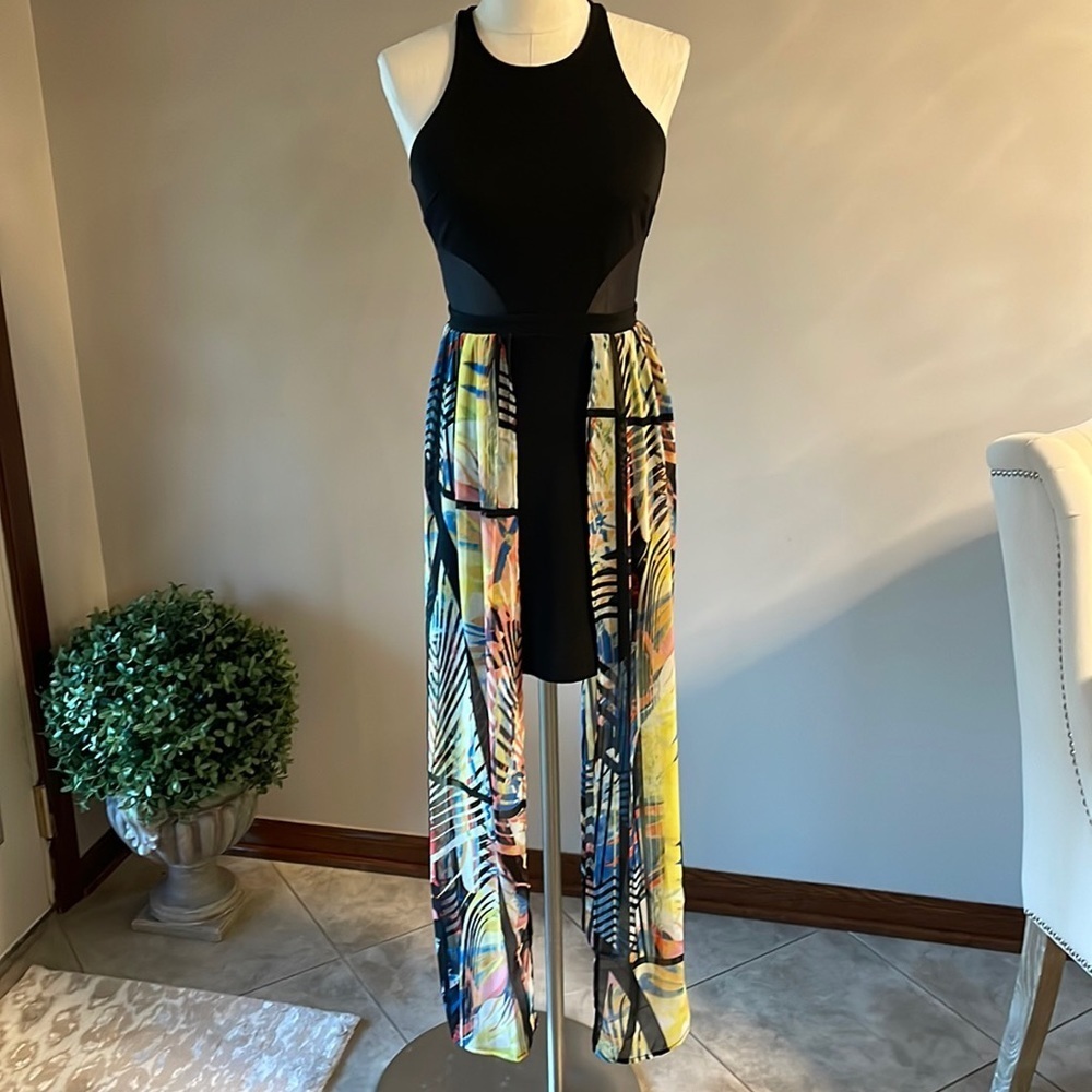 MATERIAL GIRL HIGH LOW black STYLISH DRESS. Mini / long colorful sides Size M jr